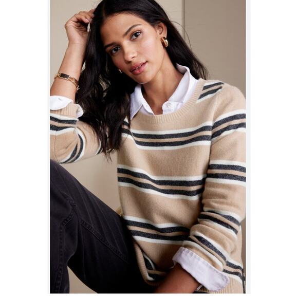 Soft Surroundings Shayna Cashmere Sweater Camel Tan Stripe Size Plus 3X NWT - Picture 1 of 12